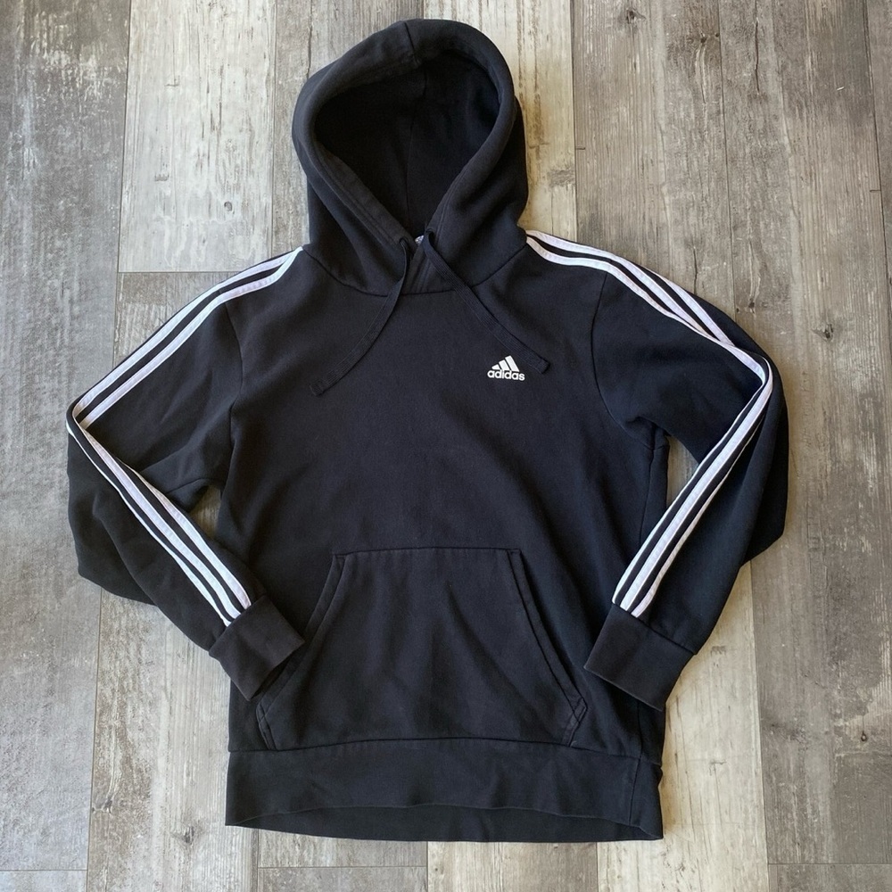 Adidas Fleece Hooded Sweatshirt  youth size S Black 3-Stripes Pullover p4